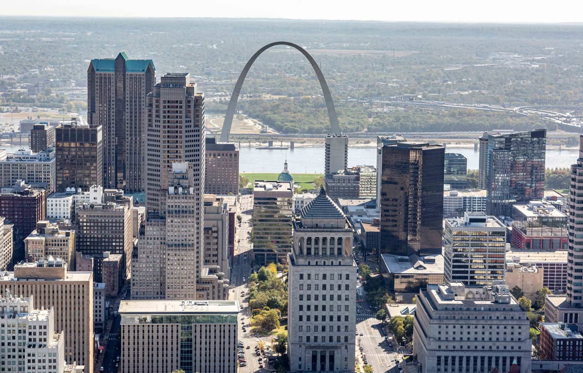 Downtown St. Louis, Missouri, with the Gateway Arch, the Old Courthouse, and the Mississippi River